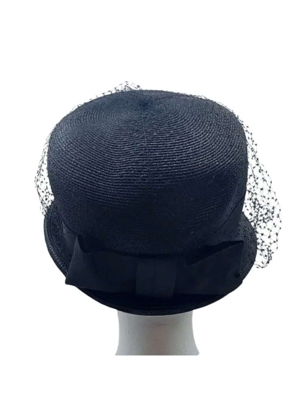 Black Cloche Hat Raffia Straw W/ Birdcage Netting & Bow Evelyn Varon Exclusive